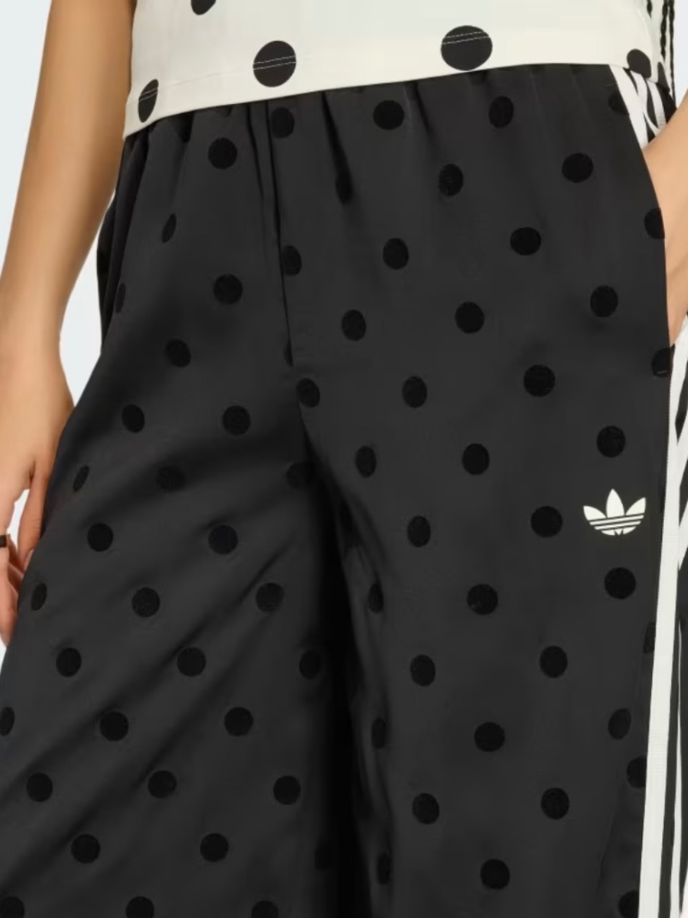 adidas Black Polka Dot Wide-Leg Track Pants with White Stripes - Picture 3 of 7